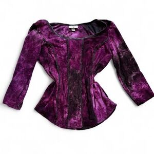 Roz & Ali purple velvet corset top with lace trim and 3/4 sleeves.